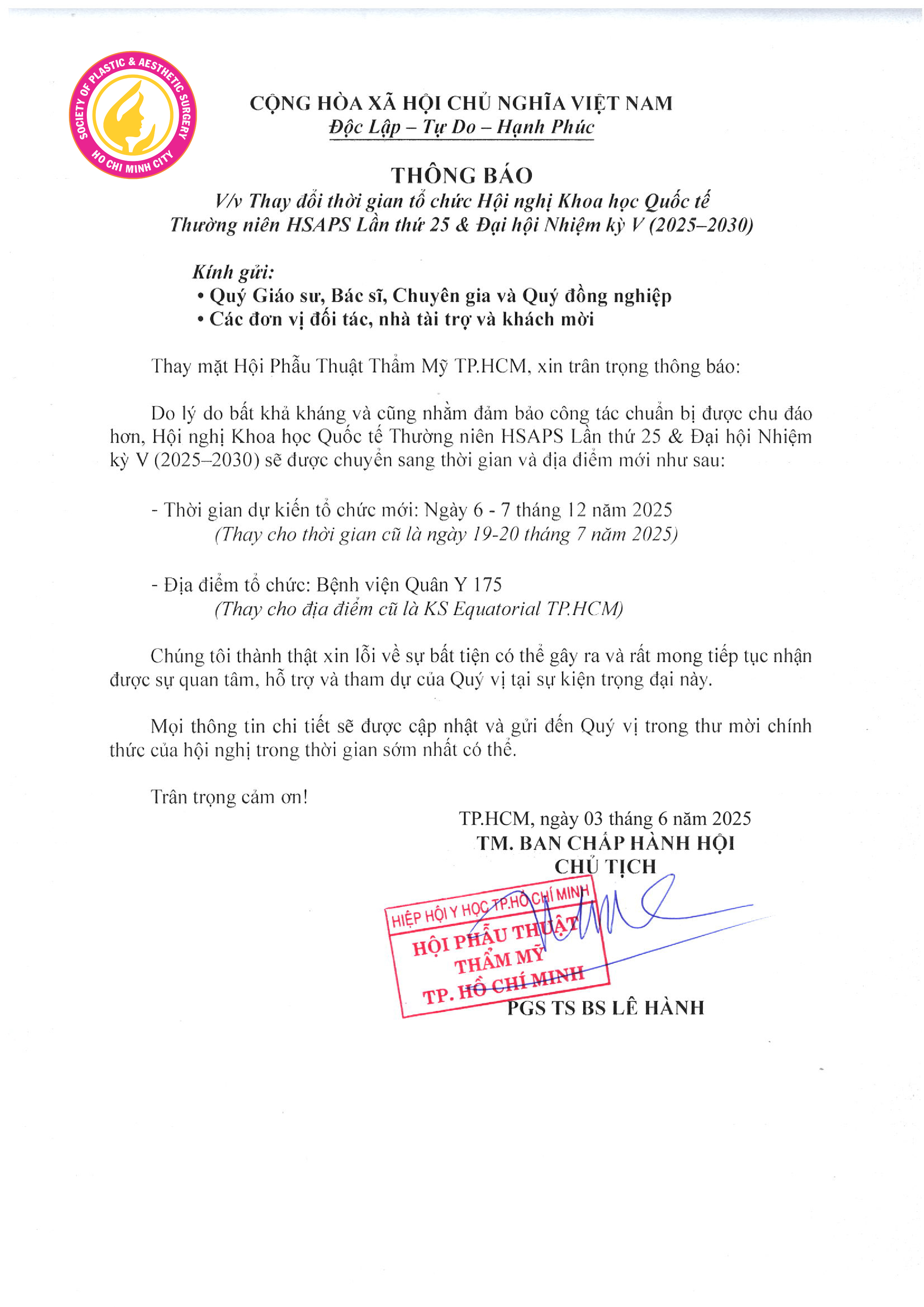HỘI NGHỊ KHOA HỌC QUỐC TẾ THƯỜNG NIÊN HSAPS LẦN THỨ 25 & ĐẠI HỘI NGHIỆM KỲ V (2025 - 2030)